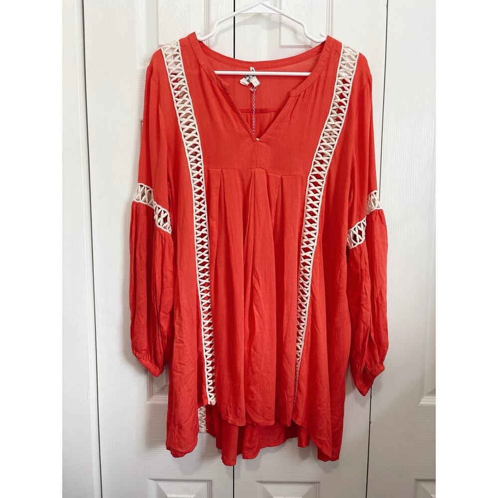 Umgee Coral Crochet Trim Long Sleeve Boho Tunic Dress NWT Size Small